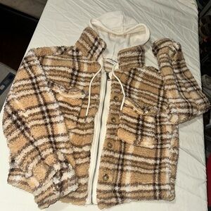 Soft Sherpa Plaid Cream and Brown Fleece Jacket with hoodie